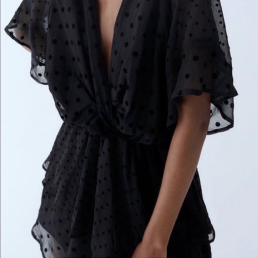 Zara Black Swiss Dot Ruffle Mini Dress Size S - Picture 4 of 14